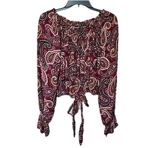 Wrangler Retro Crop Top Lg Long Balloon Sleeve Tie Waist Paisley Western